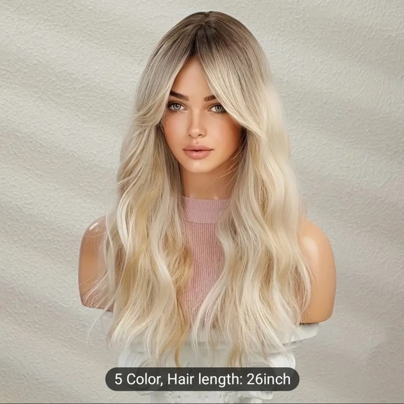 26.0 Inch Blonde Wig, Dark Root Curly Wavy Long Wig, Natural Fluffy Synt… - Picture 2 of 7